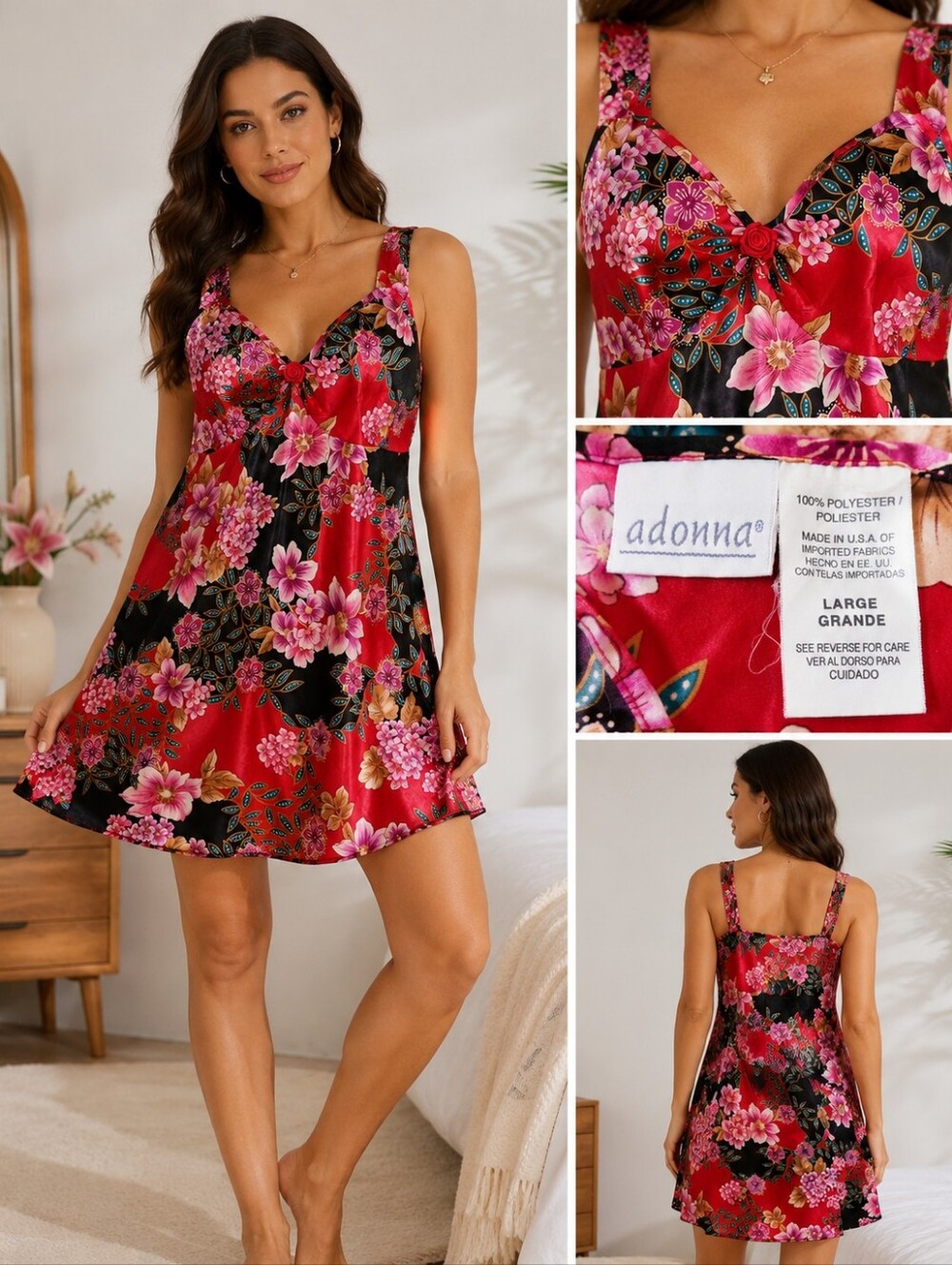 Y2K Adonna Floral Satin Chemise Nightgown Large Red Pink Black Rose Vintage